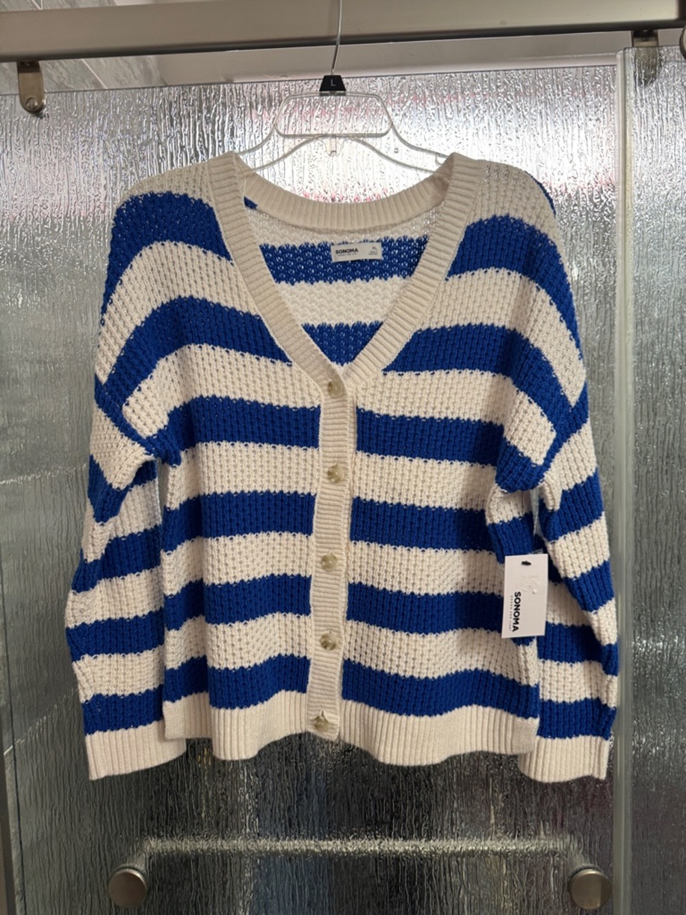 Sonoma Royal Blue and Cream Striped V-Neck Button Cardigan